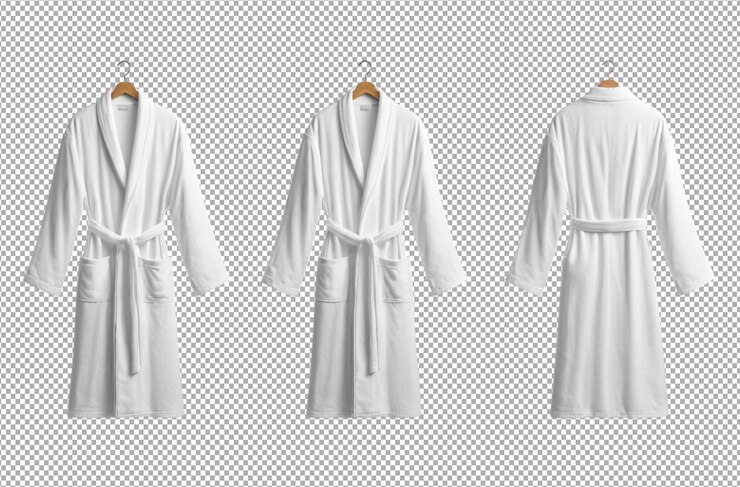 PSD una maqueta de bata de baño de hotel blanca vacía mostrada desde ambos lados en una presentación minimalista