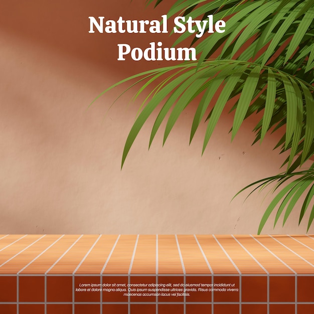 Maqueta en blanco de podio de azulejos naranja en cuadrado de palma de hoja verde renderizado en 3D