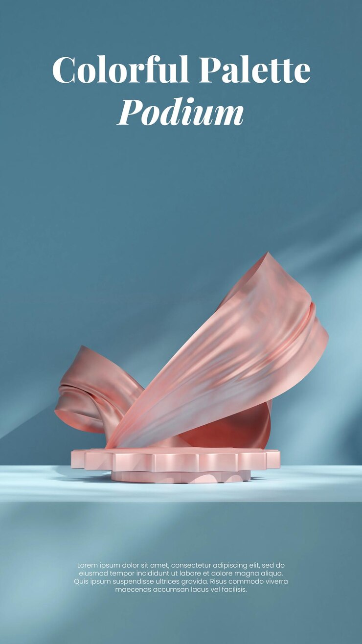 PSD maqueta en blanco podio de cilindro rosado brillante en retrato telón de fondo revoloteante renderización 3d