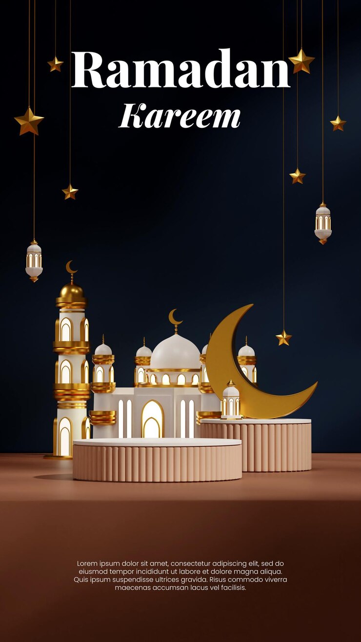PSD maqueta en blanco podio marrón blanco en retrato luna, estrellas, lámpara y mezquita ramadán, imagen de presentación 3d