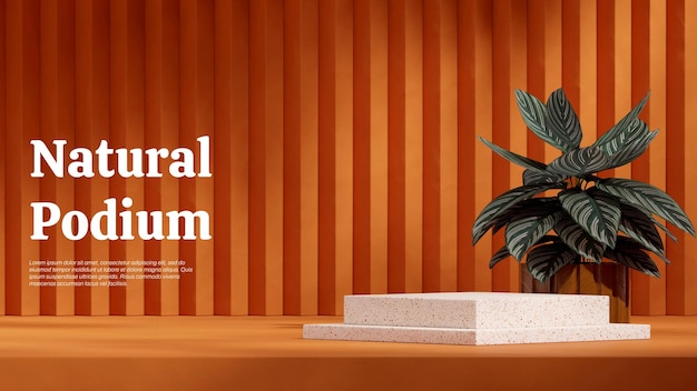 Maqueta en blanco podio de patrón de terrazzo rojo en el paisaje planta de calathea y pared marrón renderizado en 3D
