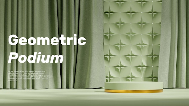maqueta en blanco podio verde y dorado en pared con patrón de paisaje y representación 3d de cortina