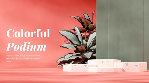maqueta en blanco terrazo hexágono podio en paisaje rosa verde pared calathea planta 3d renderizado de imagen