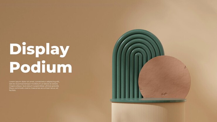 PSD maqueta en blanco de terrazzo con textura de podio cilíndrico curvo en arco y círculos de paisaje renderización 3d