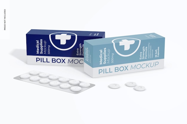 Maqueta de blíster de pastillas redondas con cajas