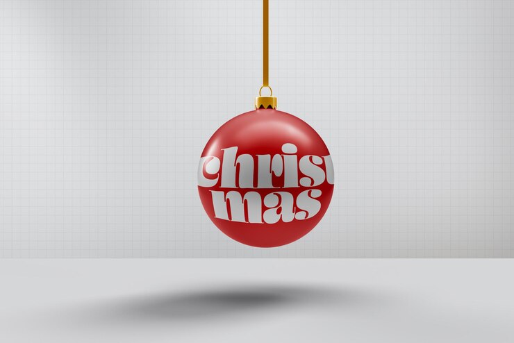 PSD maqueta de bola de navidad con pared de diseño editable y fondo