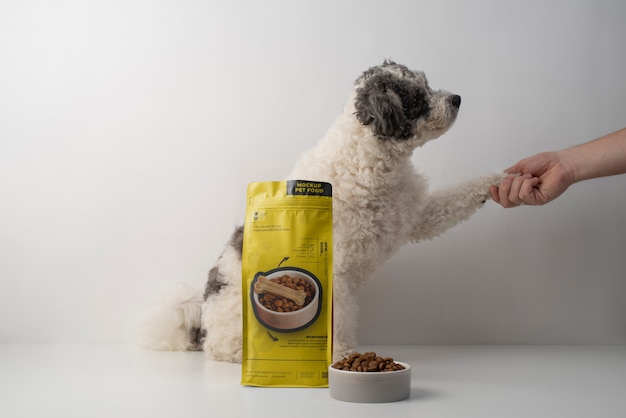 Maqueta de bolsa de comida para mascotas con adorable perro