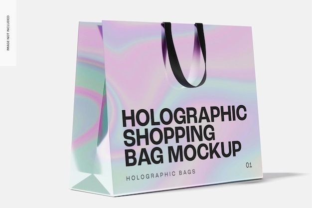 PSD maqueta de bolsa de compra holográfica con asa, vista frontal