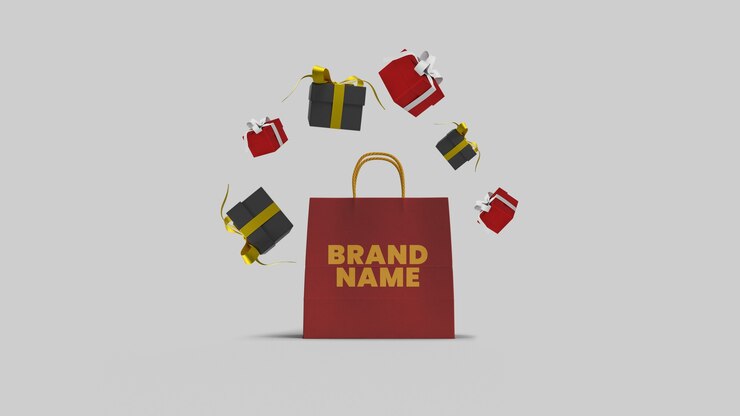 PSD maqueta de bolsa de compras con caja de regalo flotante renderizada en 3d