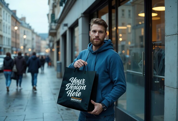 PSD maqueta de bolsa de compras con modelo al aire libre para marca y promoción