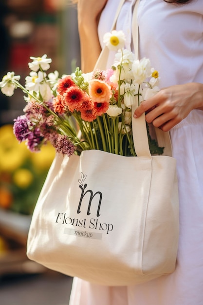 PSD maqueta de bolsa para el mercado de flores