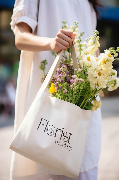 PSD maqueta de bolsa para el mercado de flores