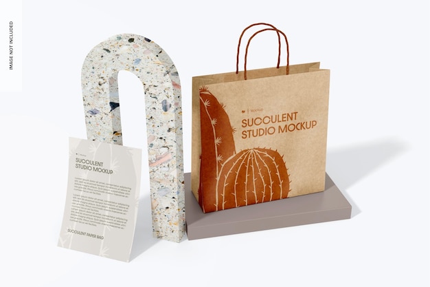 Maqueta de bolsa de papel suculenta Vista de ángulo alto