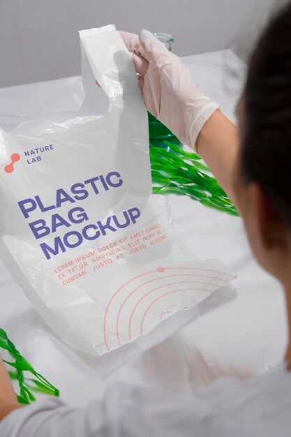 PSD maqueta de bolsa de plástico con algas.