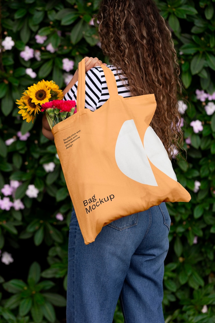 PSD maqueta de bolsa de tote en la naturaleza