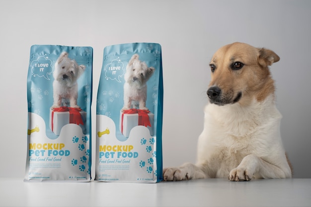 PSD maqueta de bolsas de comida para mascotas con perro