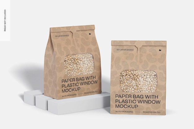 Maqueta de Bolsas de Papel con Ventana de Plástico, Vista Frontal y Lateral