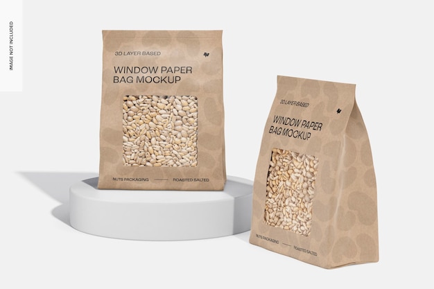 Maqueta de Bolsas de Papel con Ventana, Vista Frontal y Lateral