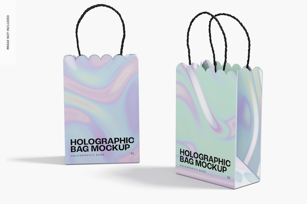 PSD maqueta de bolsas de regalo holográficas con asas, vista frontal y derecha