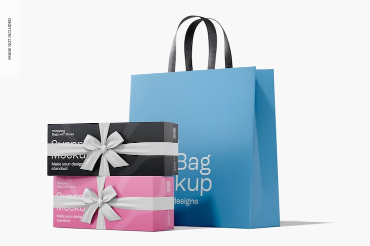PSD maqueta de bolsas de regalos y cajas de sorpresas, vista derecha