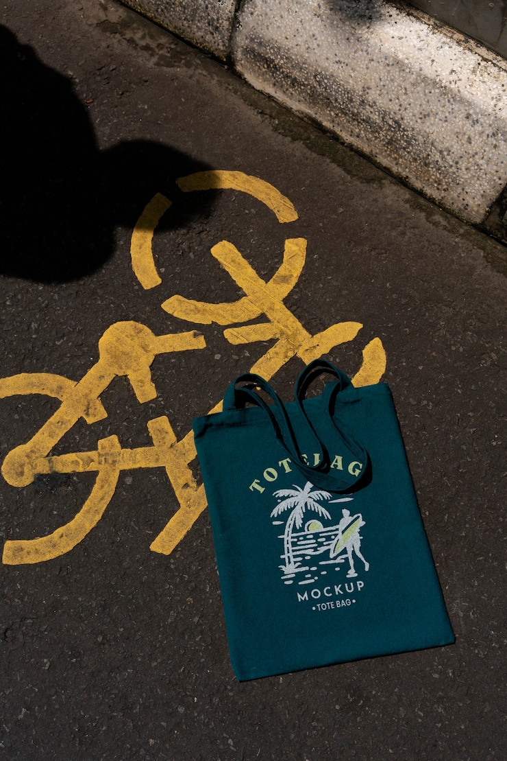 PSD maqueta de bolso de mano textil al aire libre en la ciudad