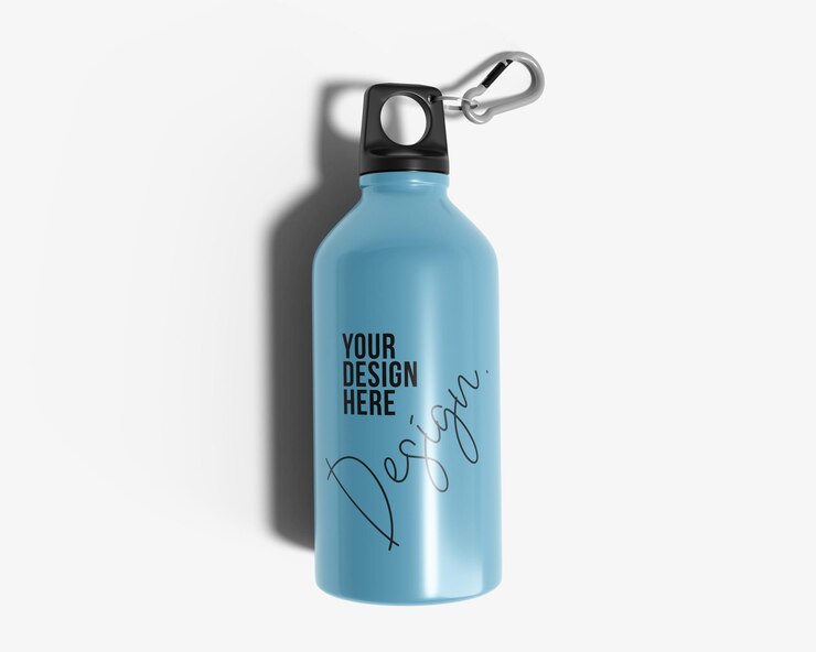 PSD maqueta de botella de agua de aluminio con mosquetón