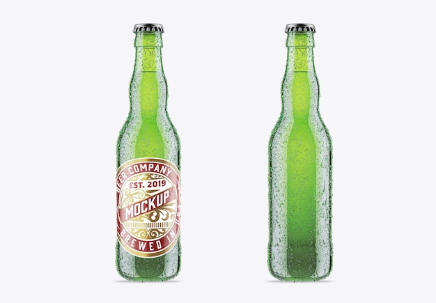 Maqueta de botella de cerveza con gotas frescas