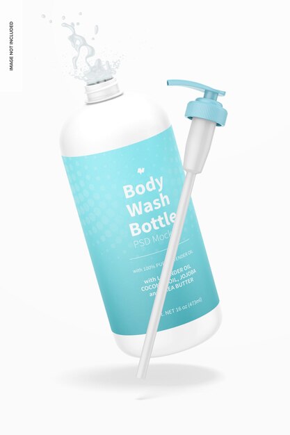 PSD maqueta de botella de gel de baño de 16 oz, cayendo