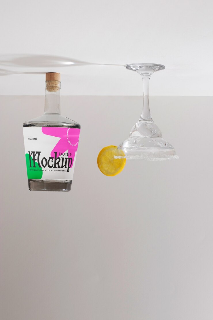 PSD maqueta de botella invertida con etiqueta