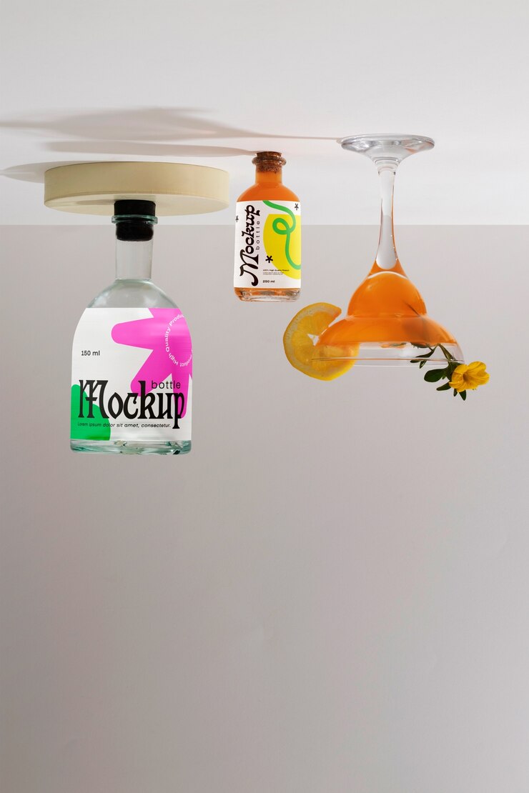 PSD maqueta de botella invertida con etiqueta