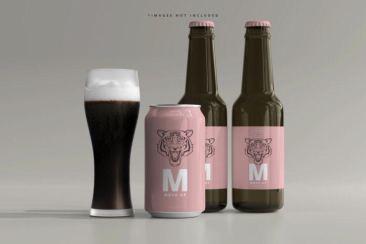 PSD maqueta de botella y lata de cerveza o refresco de tamaño mediano de 330 ml