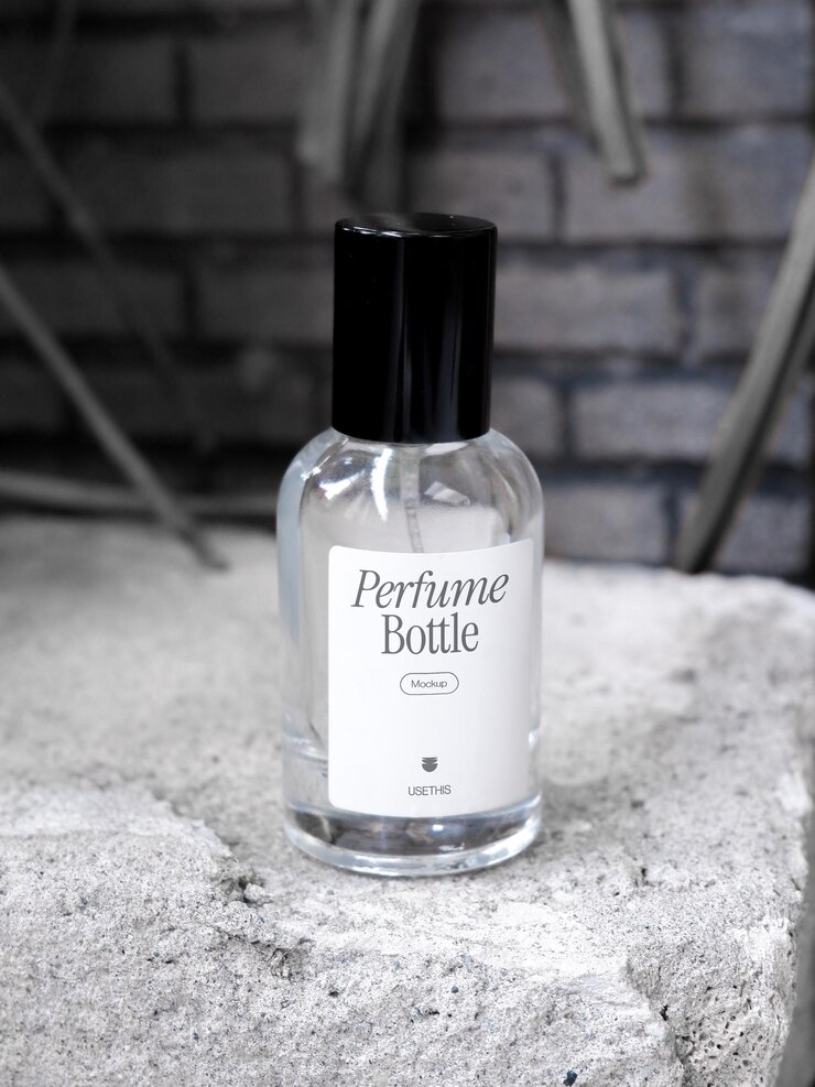 Maqueta de botella de perfume en la piedra con fondo de ladrillo blanco