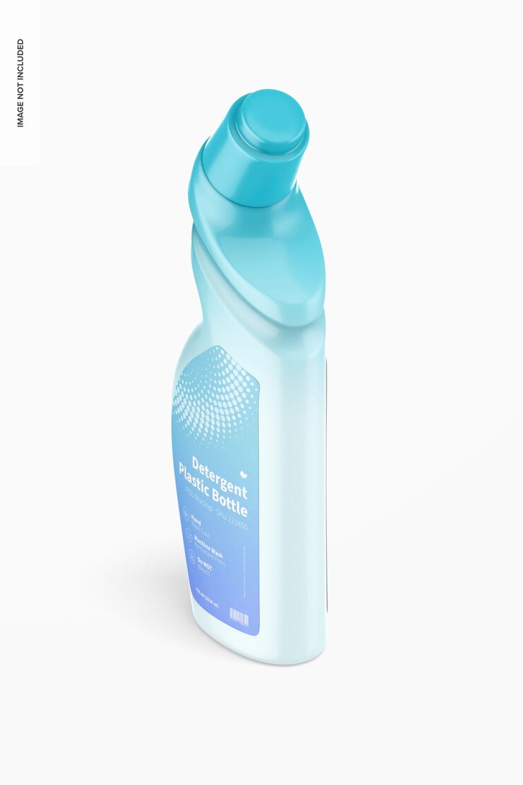 PSD maqueta de botella de plástico de detergente, vista isométrica izquierda