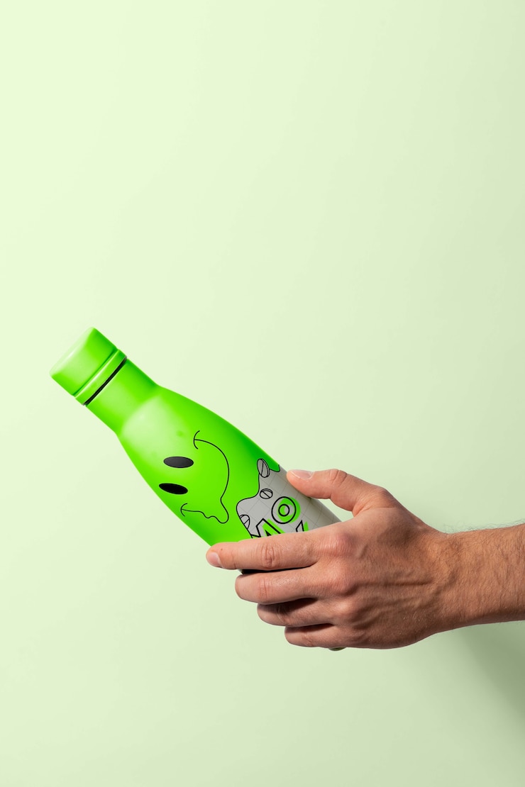 PSD maqueta de botella termo sostenida en la mano