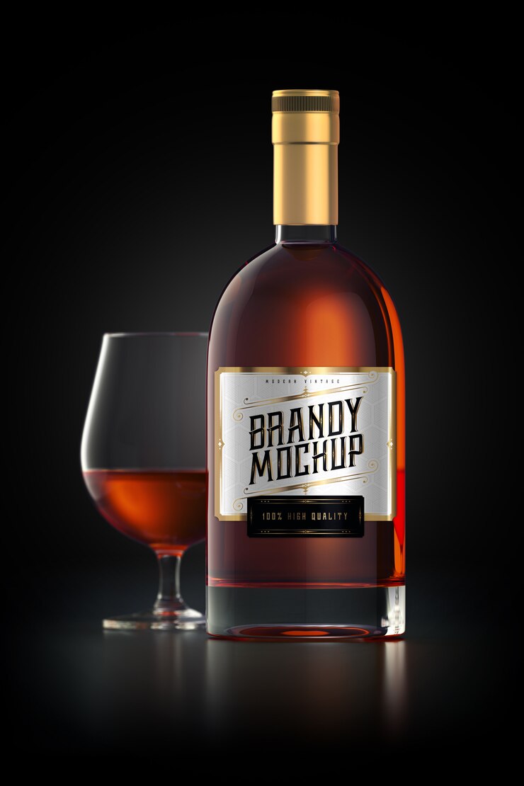 Maqueta de una botella de vidrio de brandy con etiqueta