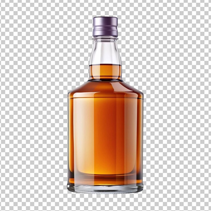PSD maqueta de botella de vidrio de whisky sobre un fondo transparente