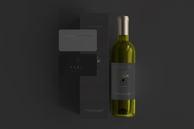Maqueta de Botella de Vino Blanco con Caja y Tarjetas de Visita