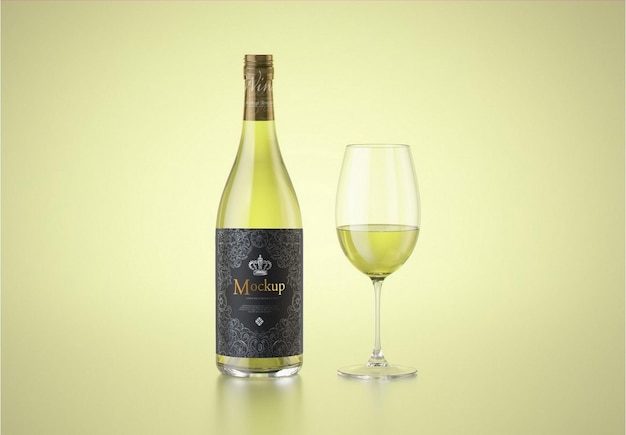 Maqueta de botella de vino blanco con copa