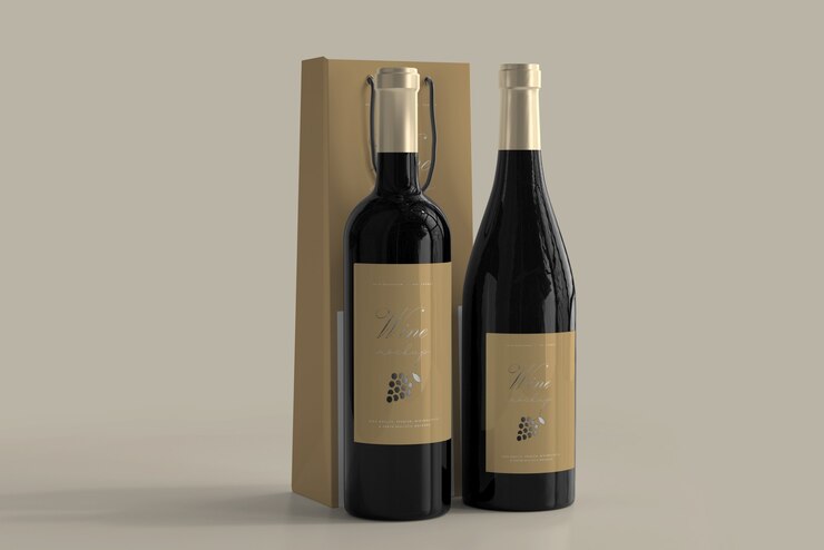 Maqueta de botella de vino con bolsa