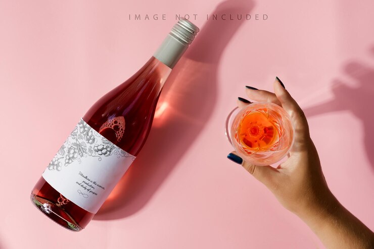 Maqueta de botella de vino rosado sobre fondo rosa