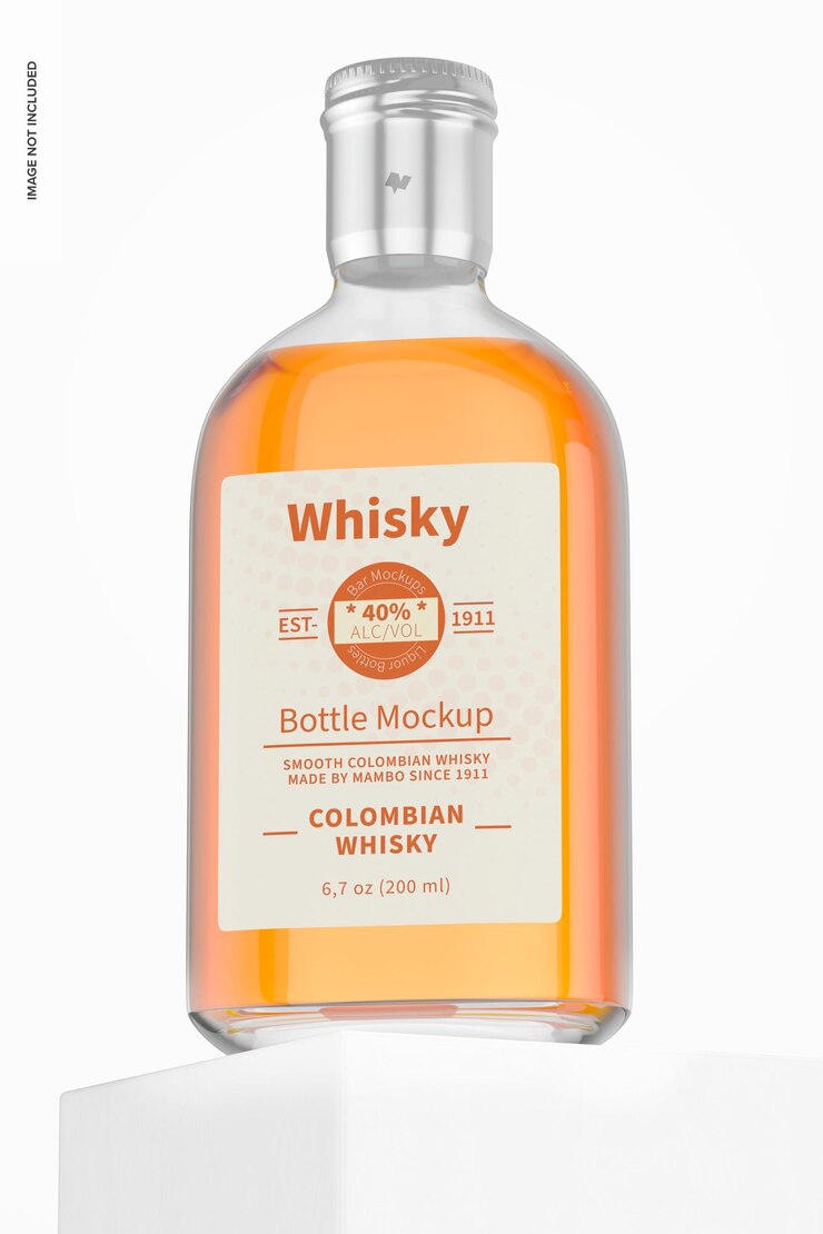 PSD maqueta de botella de whisky de 200 ml, vista de ángulo bajo