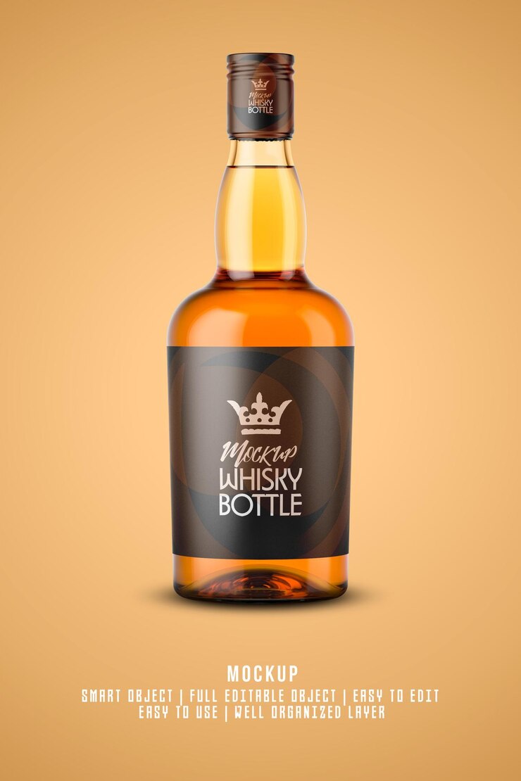 PSD maqueta de botella de whisky objeto inteligente editable completo