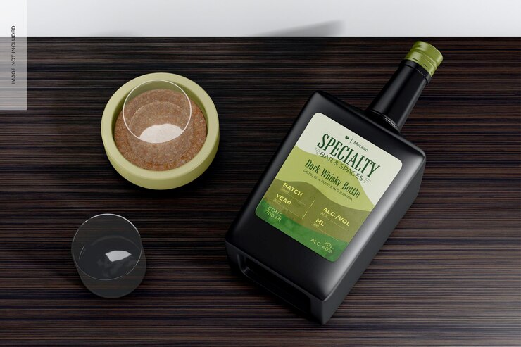 PSD maqueta de botella de whisky oscuro vista de ángulo alto
