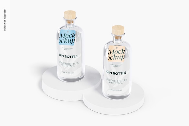 Maqueta de botellas de ginebra con etiqueta cuadrada, perspectiva