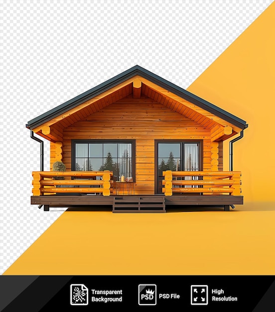 PSD maqueta de una cabaña de madera moderna con un techo de madera y marrón con una gran ventana y un banco de madera marrón la cabaña está rodeada por un cielo amarillo y tiene un png de madera