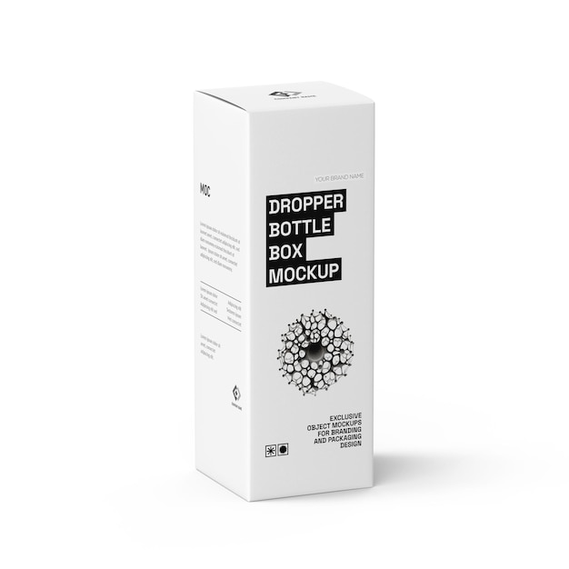 Maqueta de caja blanca de empaque de botella cuentagotas para cosméticos y medicamentos