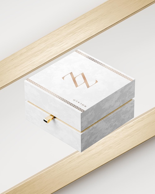 Maqueta de caja blanca de lujo para joyería o caja de regalo sobre fondo blanco abstracto 3D Render