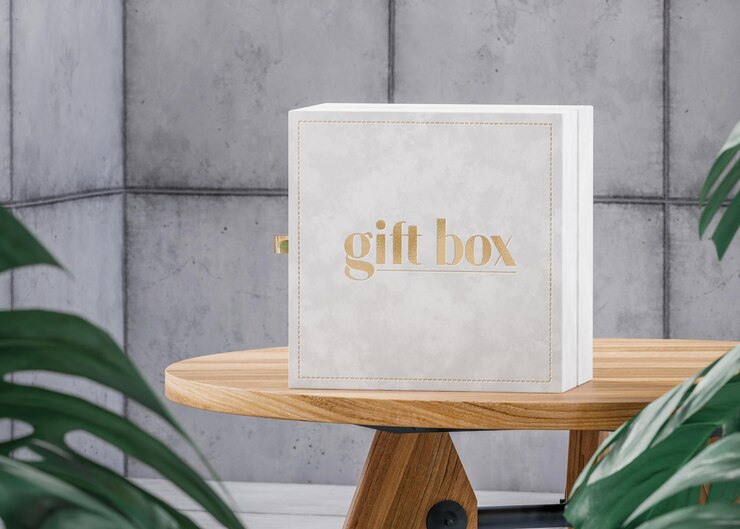 Maqueta de caja blanca presente para branding en una mesa 3D Render