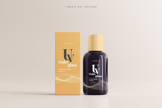 Maqueta de caja y botella cosmética de vidrio UV