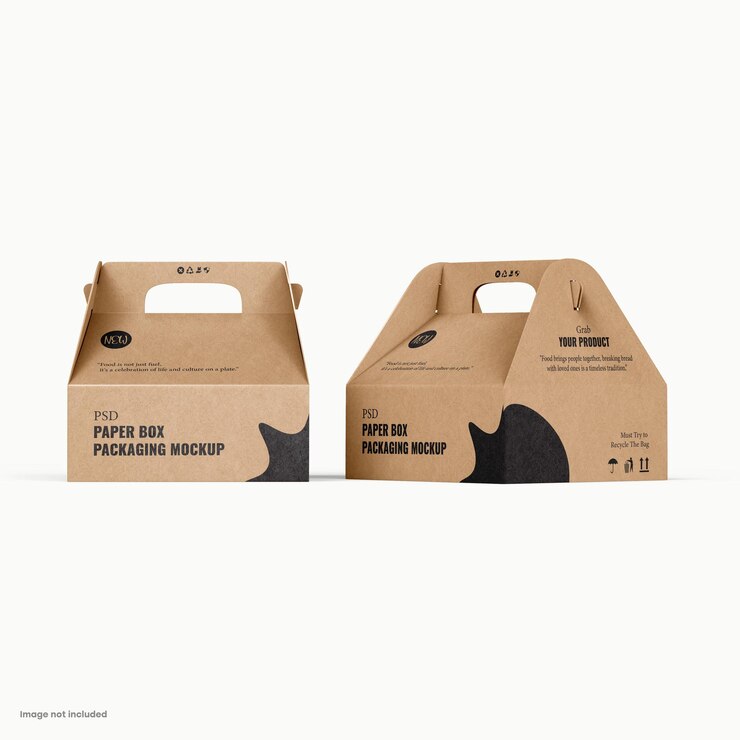 Maqueta de caja de cartón con asa de transporte para comida o comida a dos aguas